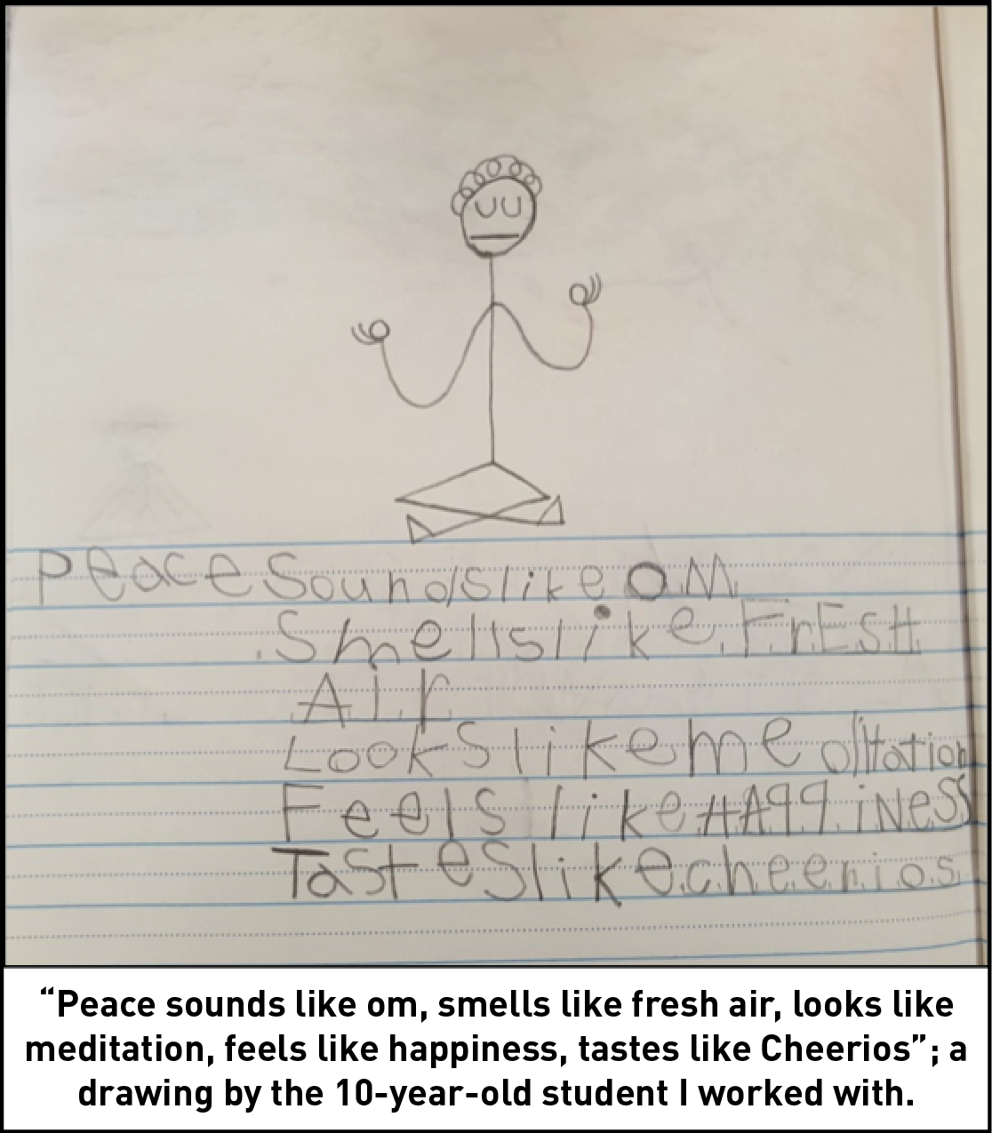 “Peace sounds like om, smells like fresh air, looks like meditation, feels like happiness, tastes like Cheerios”; a drawing by the 10-year-old student I worked with
