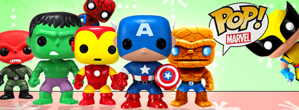 Funko banner with some of the pop hero figures