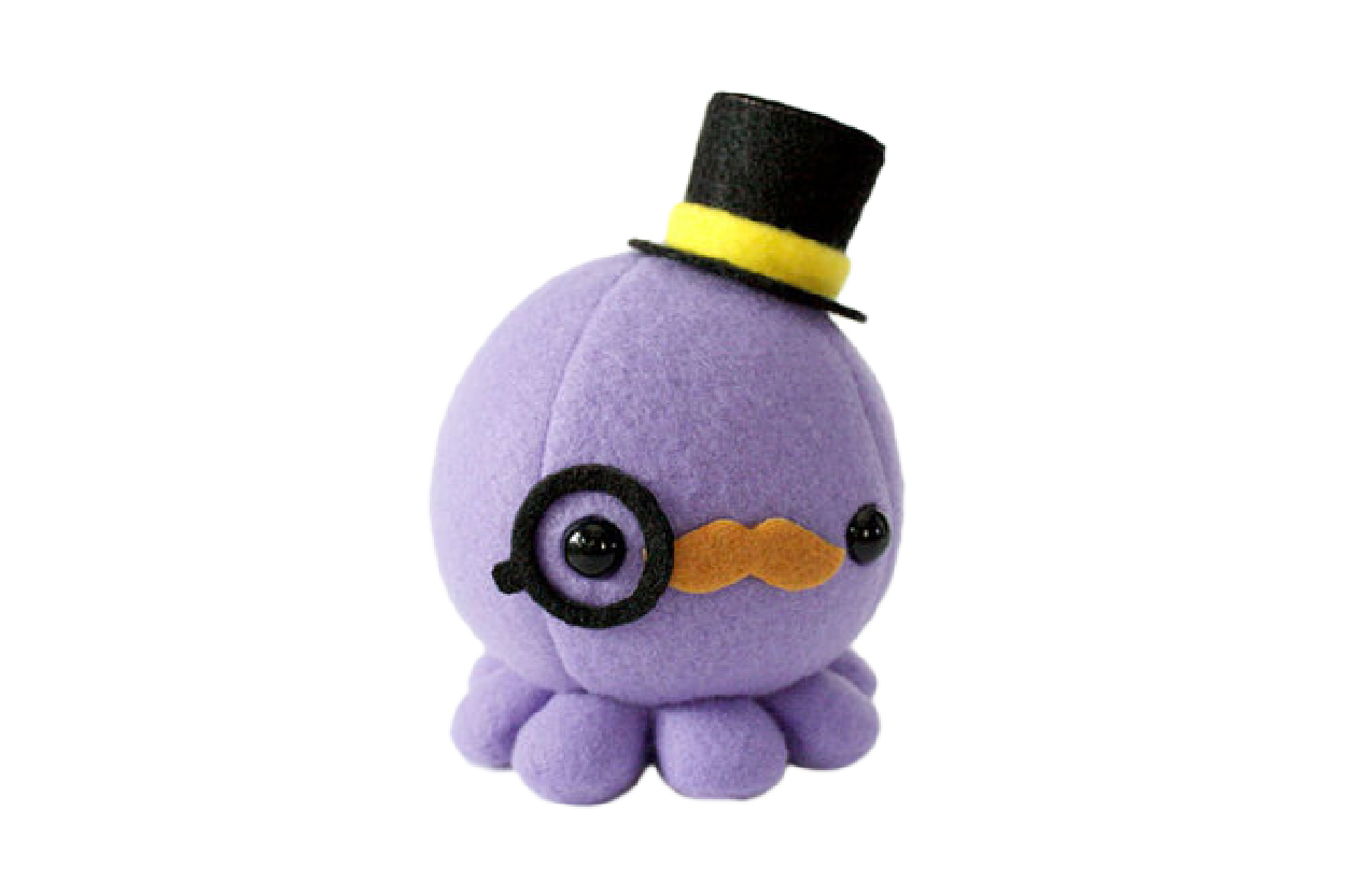 A blue but almost purple octopus plush with a brown mustache and a top hat with yellow decoration