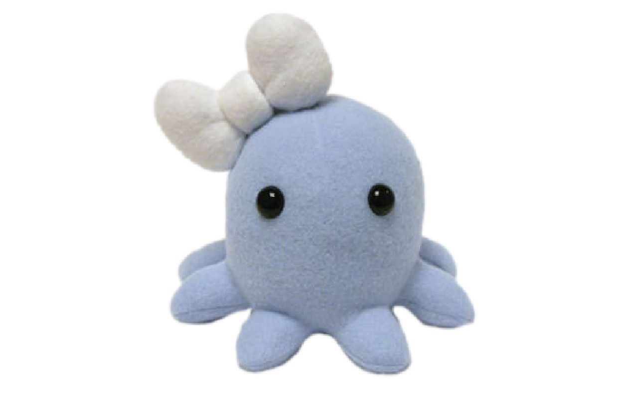 A light blue octopus plush with a really light blue ribbon on its head