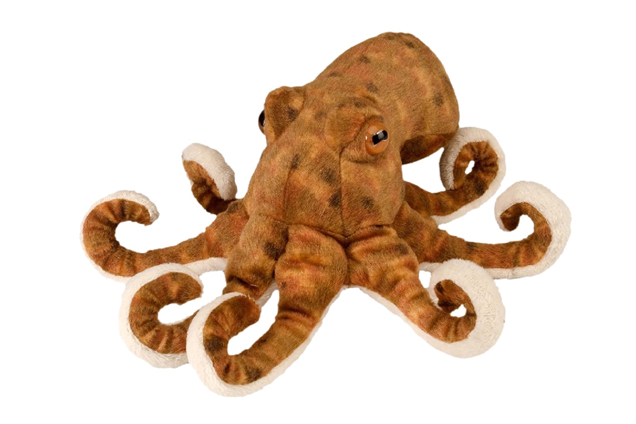 A brown spotted octopus plush with curled up tentacles