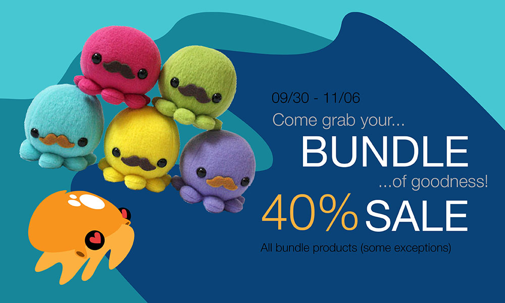 An advertisement for 40% off of Bundled products with an image of six uniquely colours octopuses plush each with moustaches and the company logo octopus gesturing love