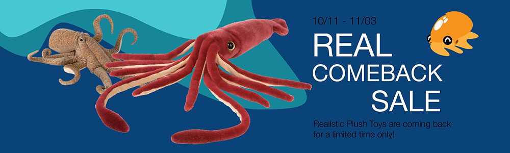 An advertisement for reselling out-of-stock realistic-looking plushed toys with an image of the Giant Pacific Octopus plush and Giant Squid plush with the company logo octopus gesturing joy