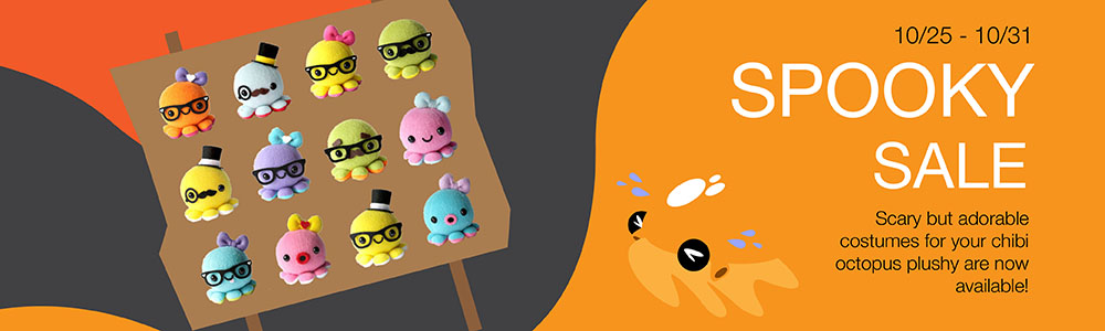 An advertisement for twelve octopus plushes each in various costumes for one price with the company logo gesturing excitement or distress