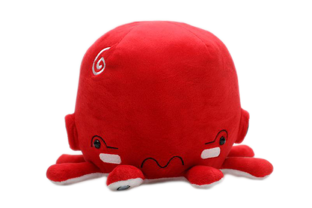 A red octopus plush with a large head and a grumpy expression