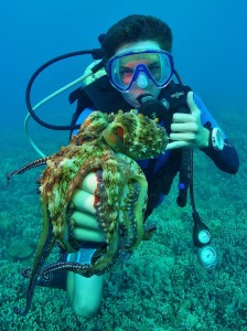 A happy diver underwater doing a happy gesture on one hand and doing a fist while an octopus rests on it, on the other hand