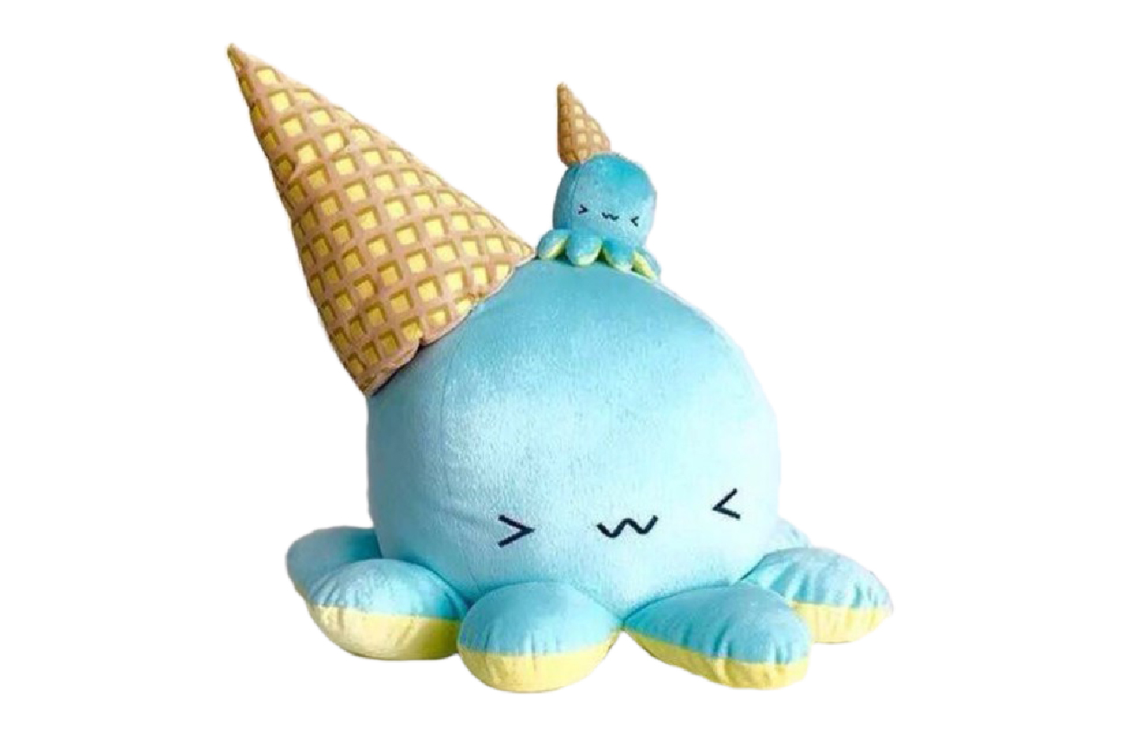 A large blue octopus plush doing a cute expression with an ice cream cone on the side of its head, with a smaller version of it on top of its head beside the ice cream cone