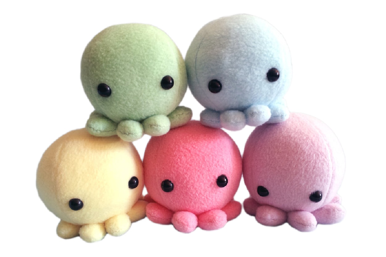 Six octopus plushes each with a unique colour