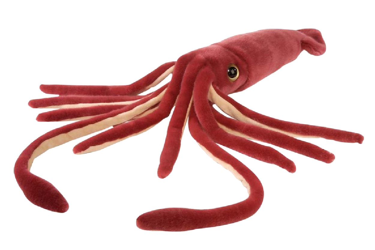 A realistic-looking plush of a red Giant Squid
