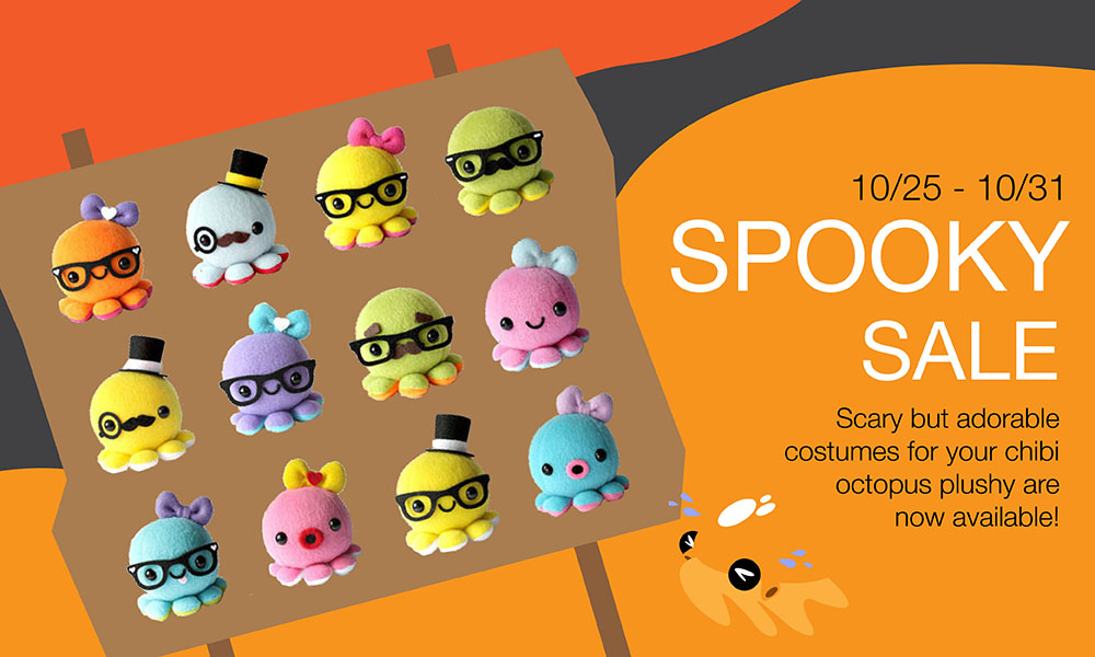 An advertisement for twelve octopus plushes each in various costumes for one price with the company logo gesturing excitement or distress