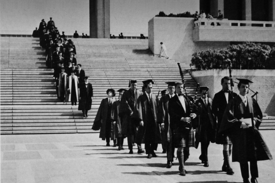 First graduates of SFU; procession down the convocation stairs.