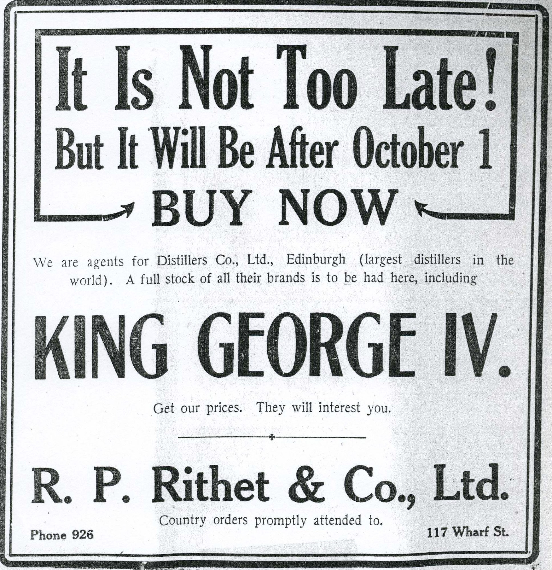 Advertisement on eve of BC Prohibition