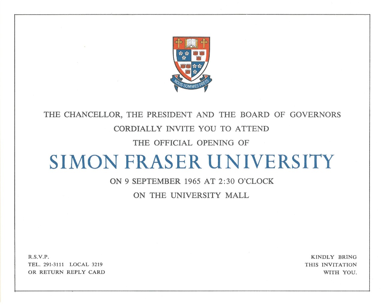 SFU official opening invitation, 9 September 1965
