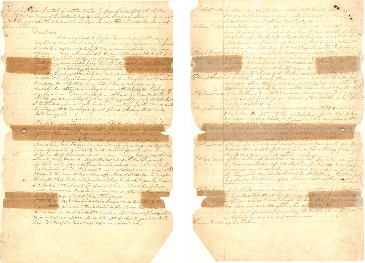 Genealogy of Lord Fraser and descendants sharing William and Hugh Fraser names, Simon Fraser letter to John Fraser, 1846.