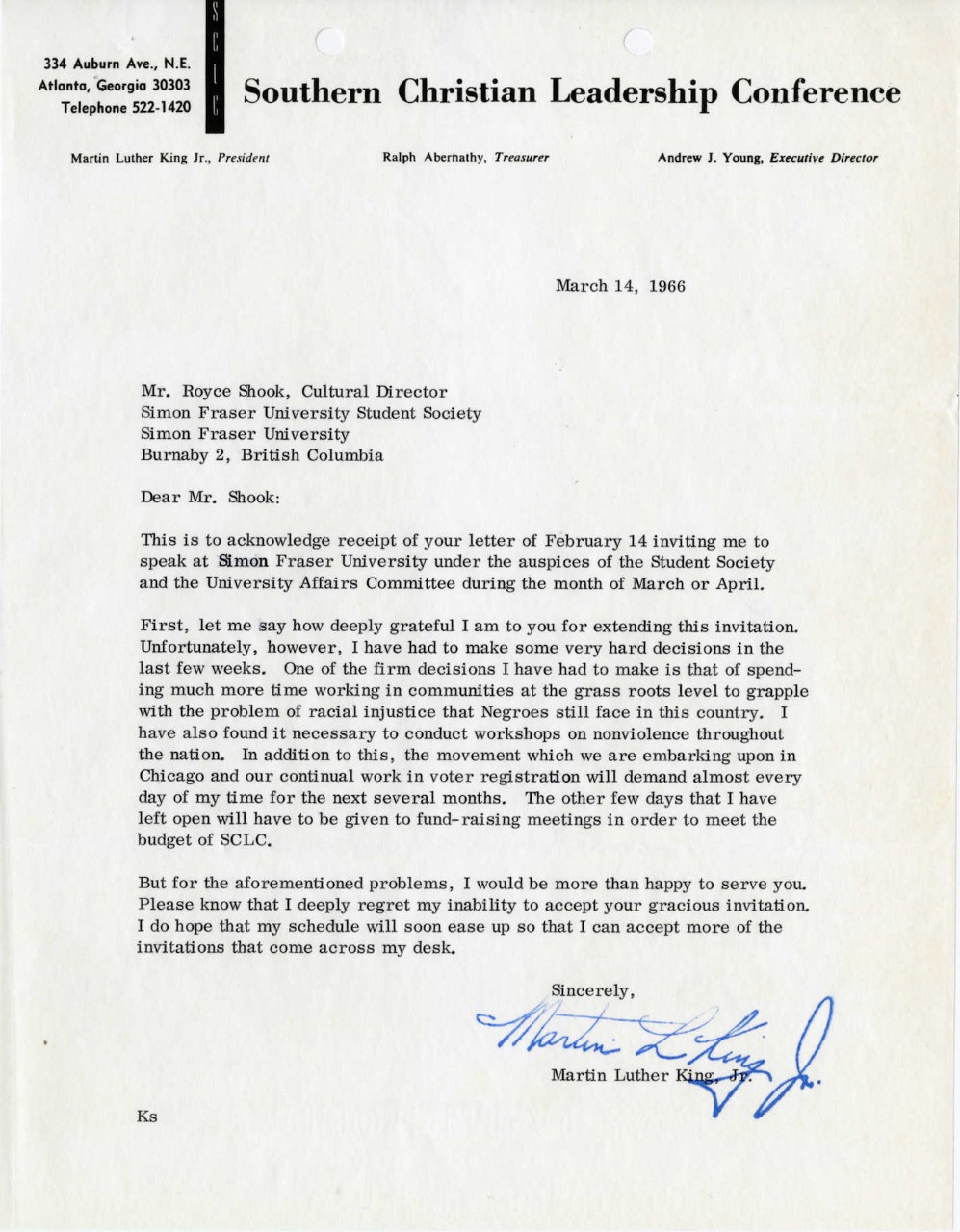 Martin Luther King Jr. letter to the SFU Student Society