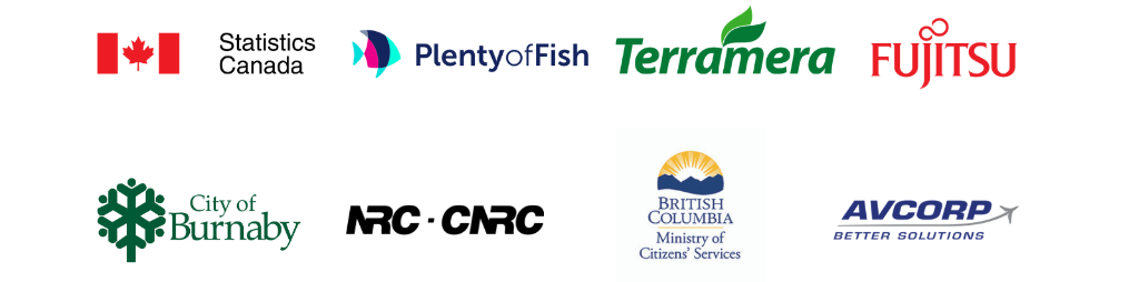 logos of statistics Canada plenty of fish Terramera Fujitsu city of burnaby nation research council Canada bc ministry of citizens services avcorp