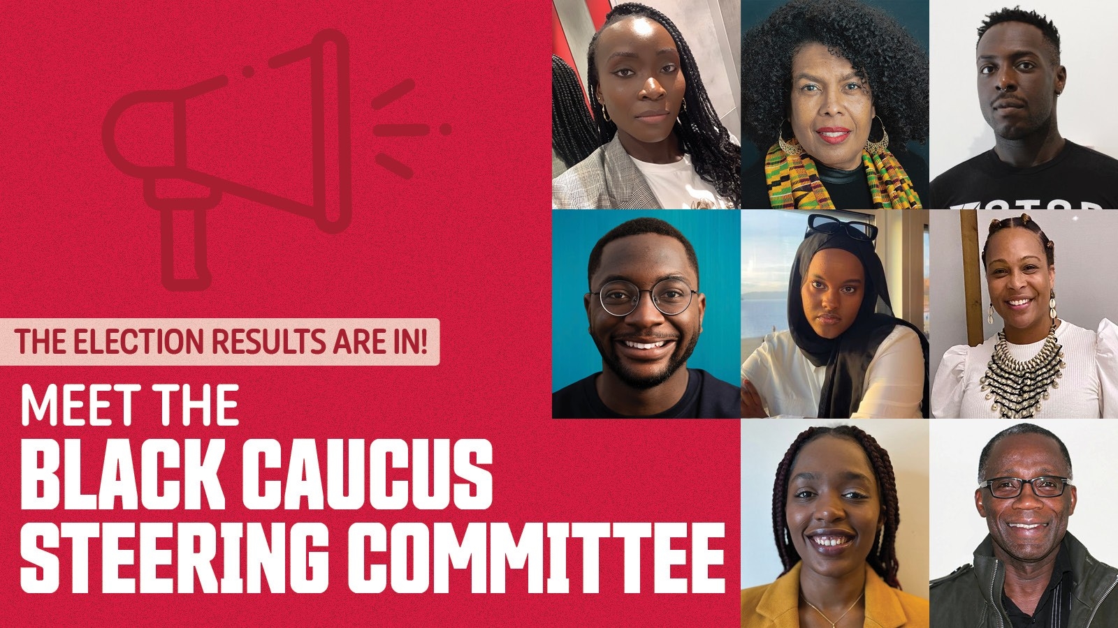 Black Caucus 2023 Steering Committee shown in grid formation on the righthand side. There is a red banner with white text that reads MEET THE BLACK CAUCUS STEERING COMMITTEE.