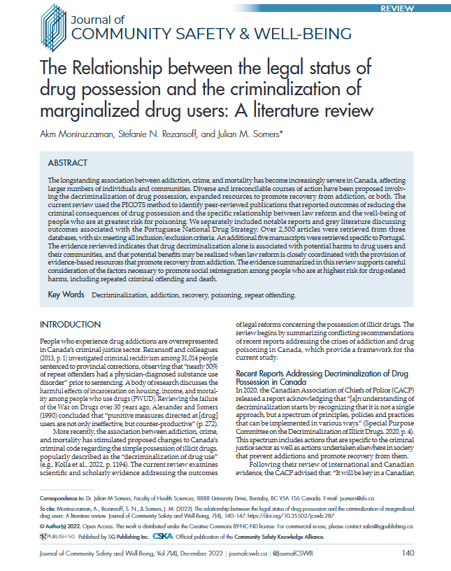 The Relationship between the legal status of drug possession and the criminalization of marginalized drug users: A literature review