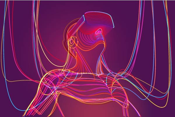 Wire connection to virtual reality. Man wearing vr glasses. Abstract world with neon lines. Vector illustration