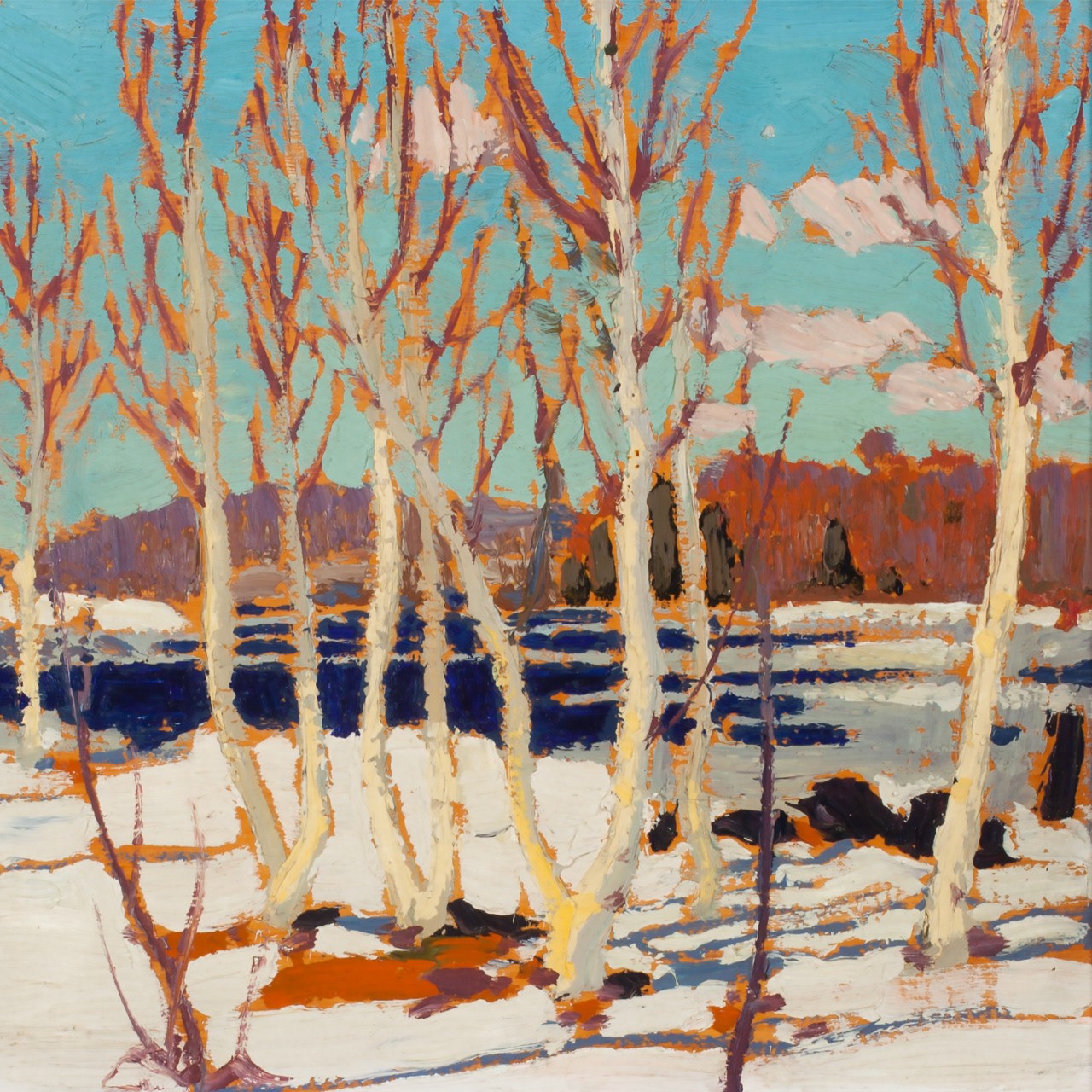 Tom Thomson (1877-1917). "April in Algonquin Park" (detail), 1917. Oil on wood panel, 21.5 x 26.6 cm. Collection of the Tom Thomson Art Gallery, Owen Sound Ontario, gift of George Thomson, brother of Tom Thomson, 1967. Photo: Michelle Wilson.