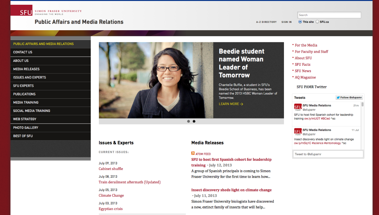 SFU's Public Affairs and Media Relations home page