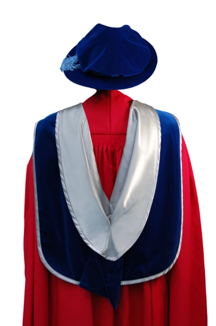 Red gown, blue velvet Cambridge bonnet with blue tassel; Hood: blue velvet with silver lining