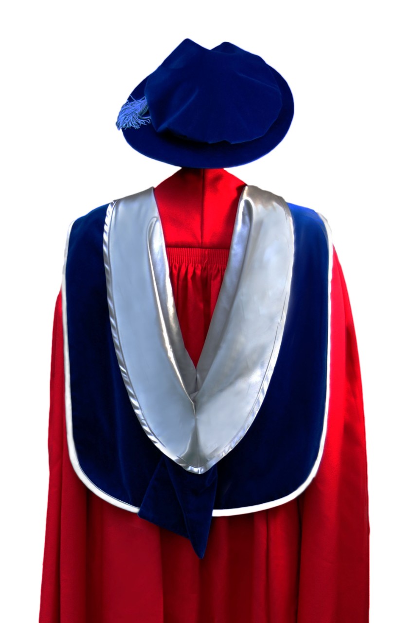 Red gown, blue velvet Cambridge bonnet with blue tassel; Hood: blue velvet with white lining