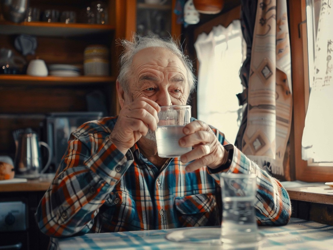 COPE Daily title written over a picture. The picture shows an older man in a checkered shirt sits at a dining table, holding a glass of water. In front of him is a small water jug, and behind him, daylight filters through partially drawn curtains on adjacent windows.