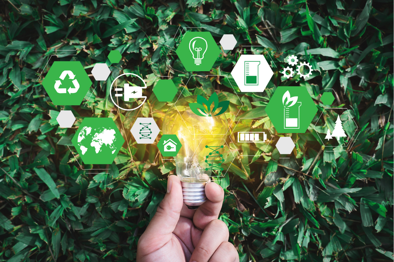Lightbulb in front of greenery with sustainability icons