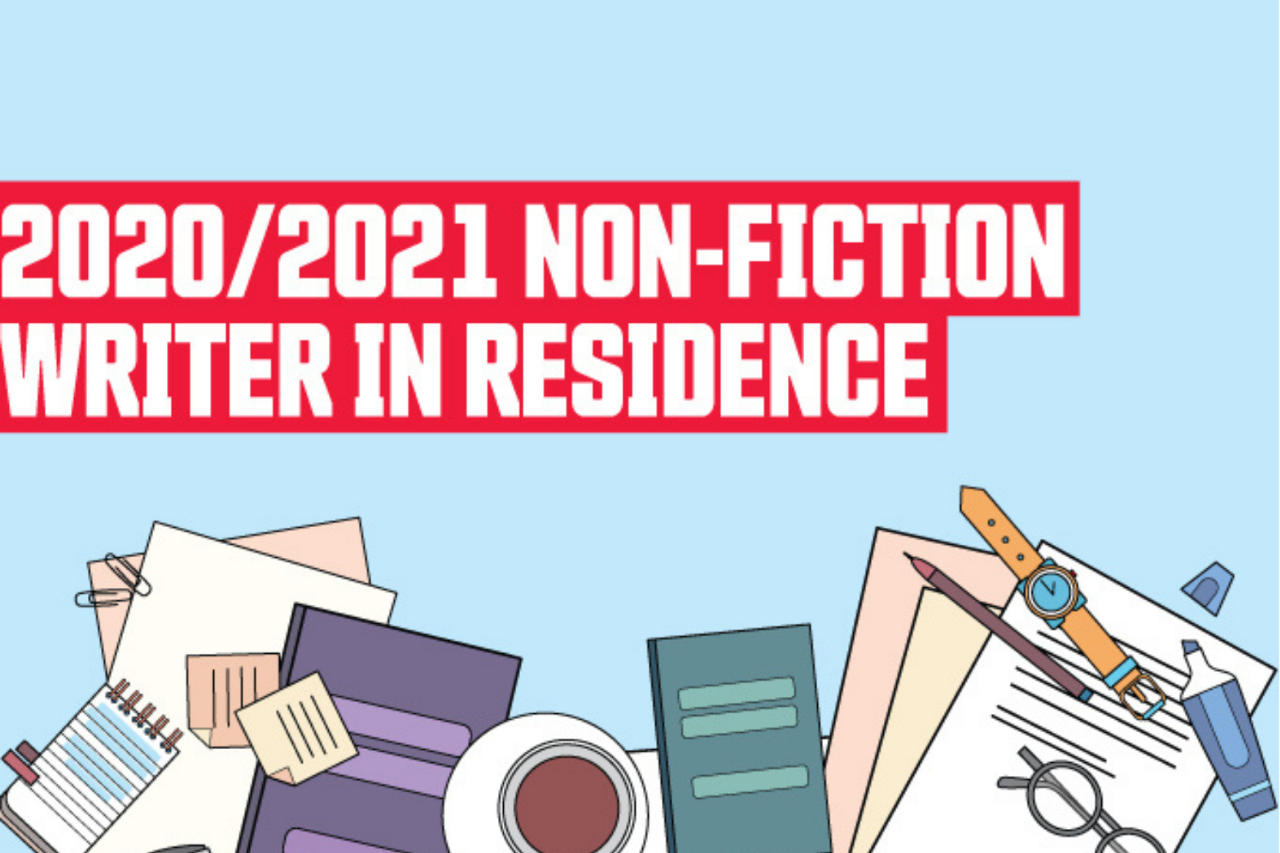 Blue background with school icon illustrations and text "2020/2021 non-fiction writer in residence"