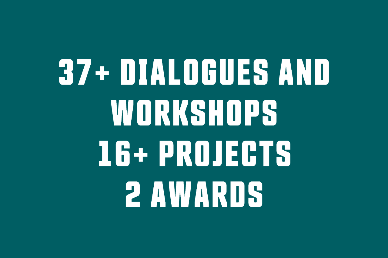 Dark teal background with text "37+ dialogues and workshops, 16+ projects, 2 awards"