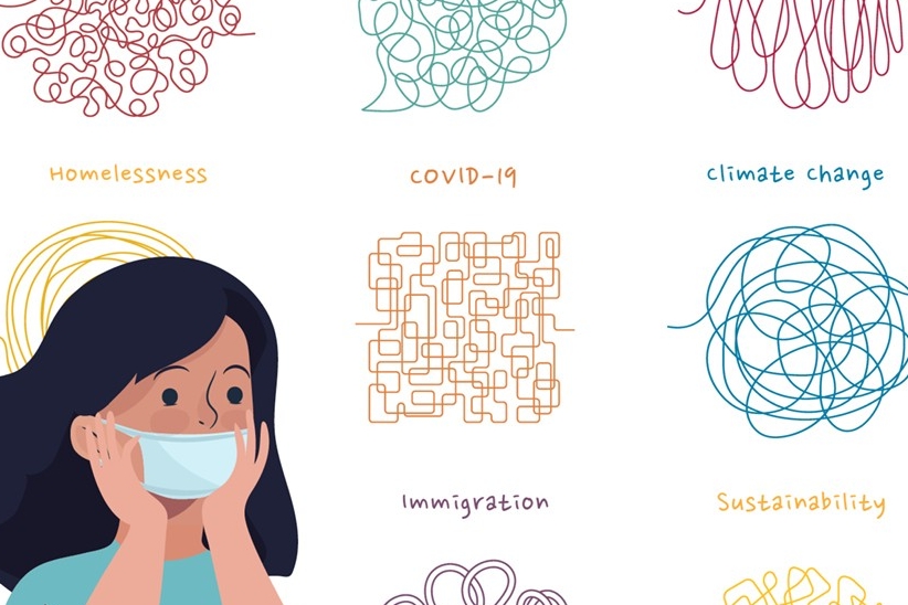 Semester in Wicked Problems poster: illustration of person in face mask trying to decipher squiggles