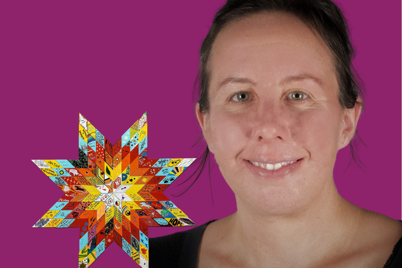 Purple background with Dr. Karine Duhamel headshot and a quilted star created through the process for the National Inquiry into Missing and Murdered Indigenous Women and Girls