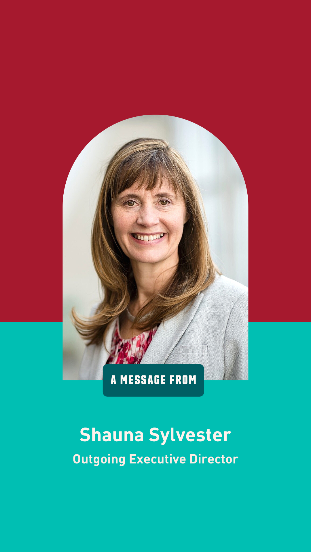 Headshot of Interim Executive Director Laurie Anderson on red and teal background
