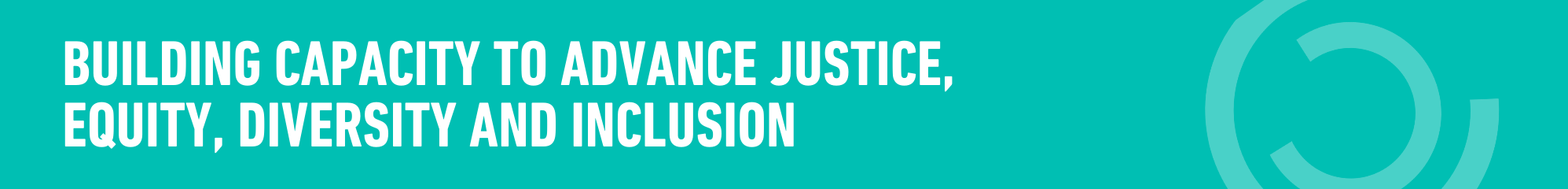Teal background with circle motif and text "Building capacity to advance justice, equity, diversity and inclusion"