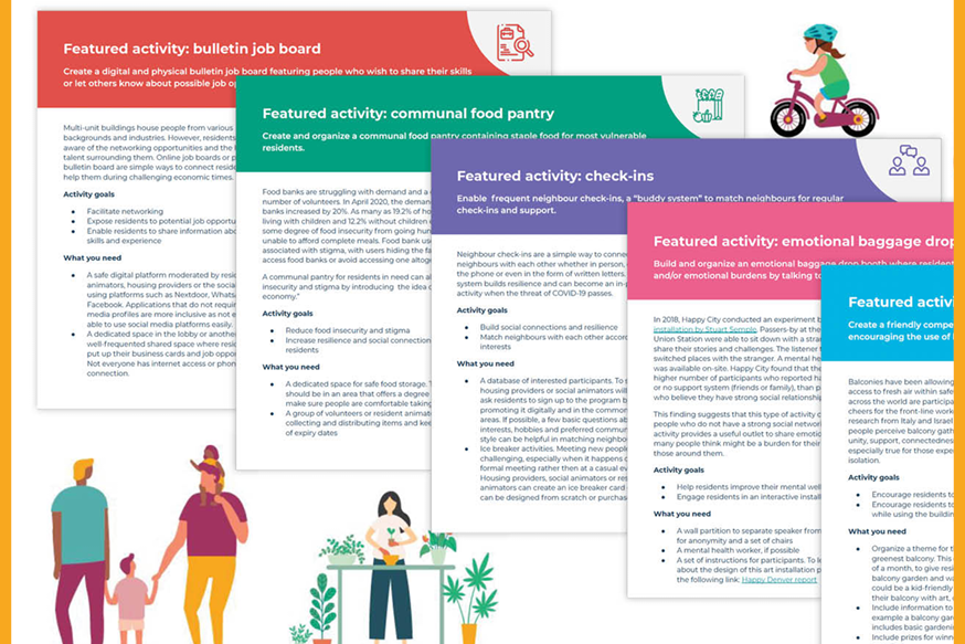 Illustration of 5 pages of the Together, Apart toolkit and a family holding hands, a person tending to plants, and a woman riding a bike