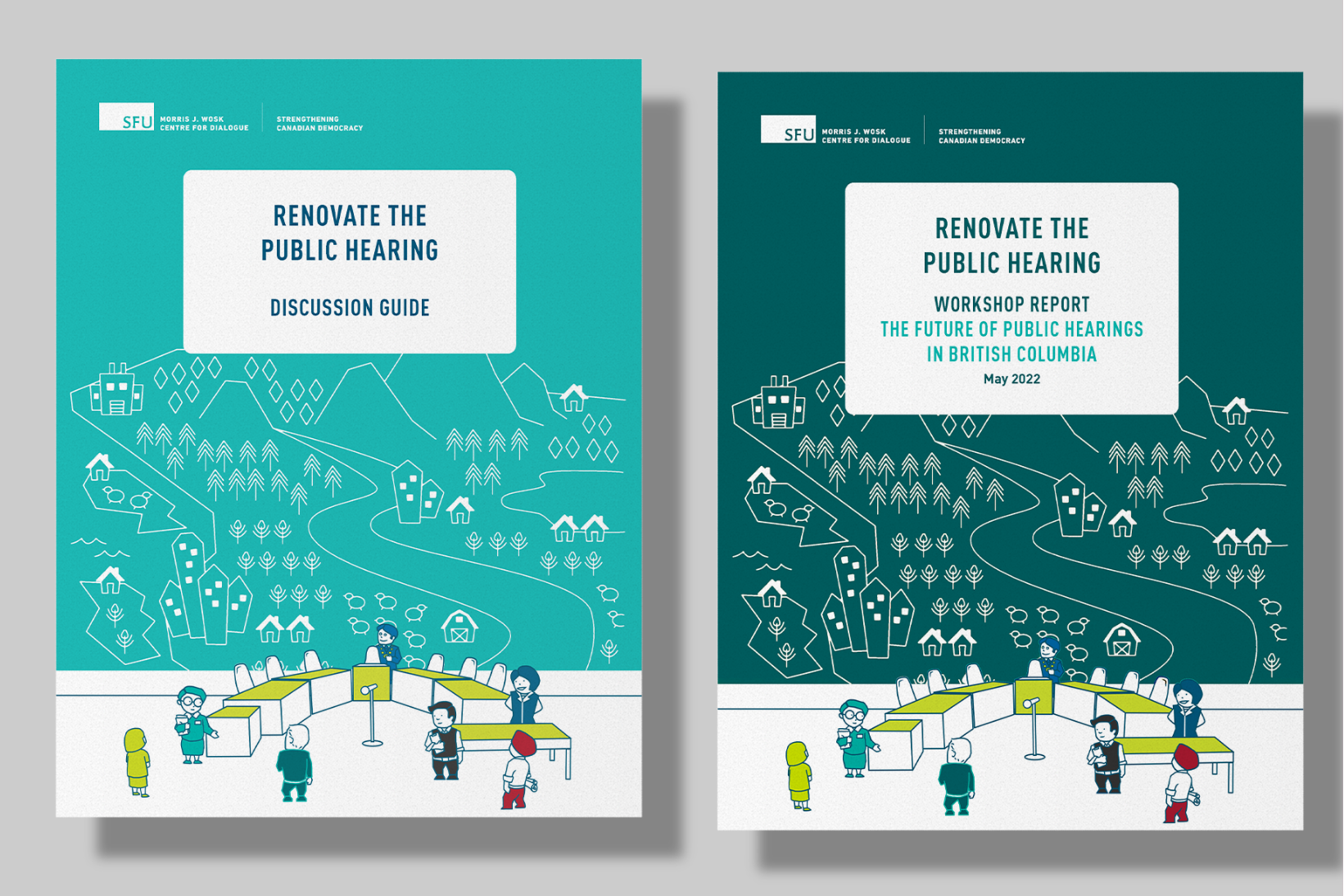 Photo of two Renovate the Public Hearing workbooks in dark teal and light teal