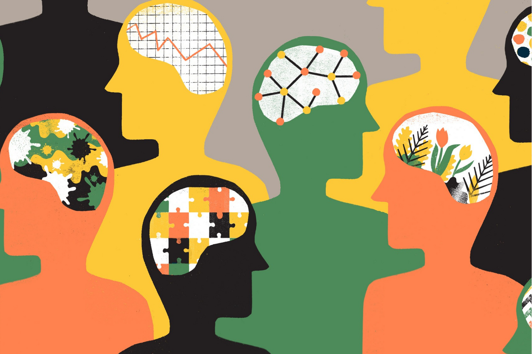 Illustration of an outline of people's heads in green, orange, and yellow with different illustrations (puzzles, charts, diagrams) where the brain should be