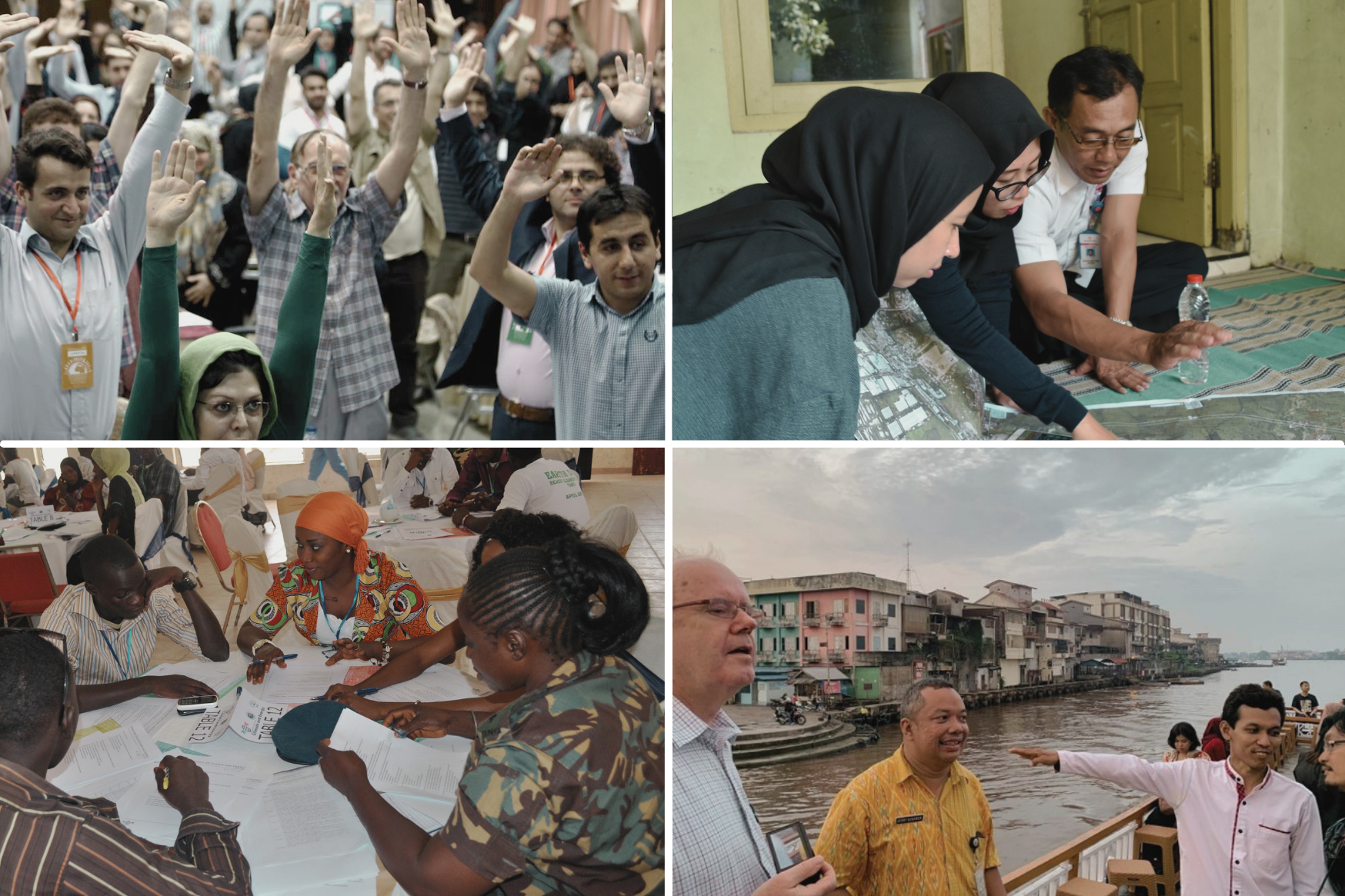 4-photo grid of people raising their hands in a group, two Muslim women and a man talking over document, older women working together, and people standing in front of a river and pointing to buildings talking