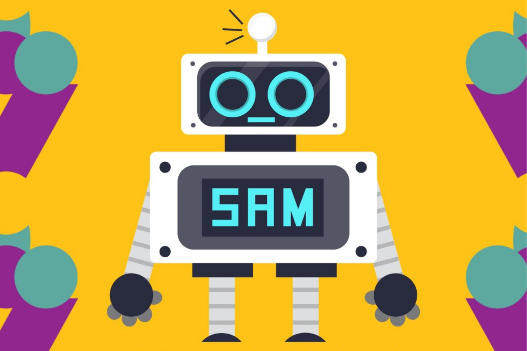 Illustration of a small white robot with the word "SAM" on it on a yellow background