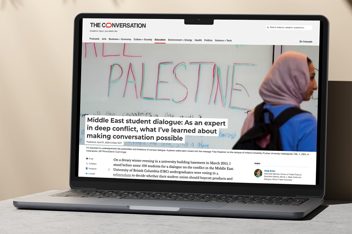 Mockup of The Conversation Canada web page featuring the article by Aftab Erfan titled "Middle East student dialogue: As an expert in deep conflict, what I’ve learned about making conversation possible"