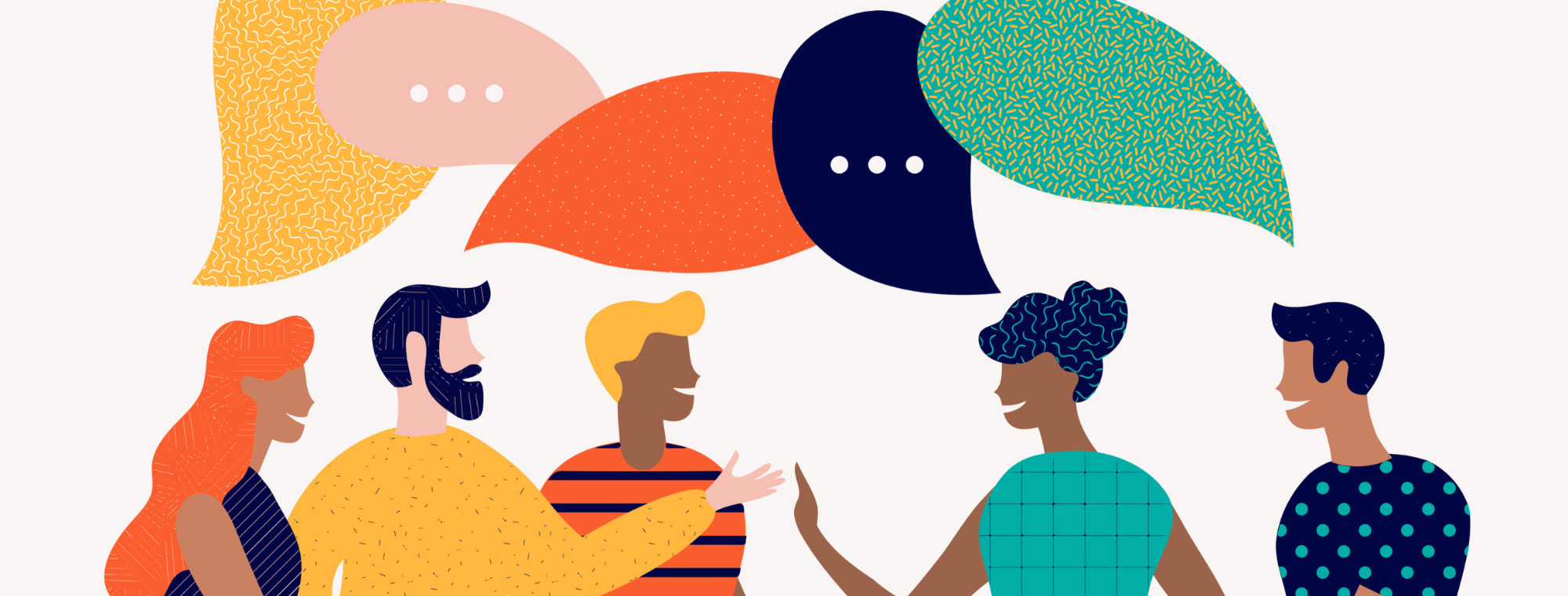 Illustration of five people talking with speech bubbles above their heads