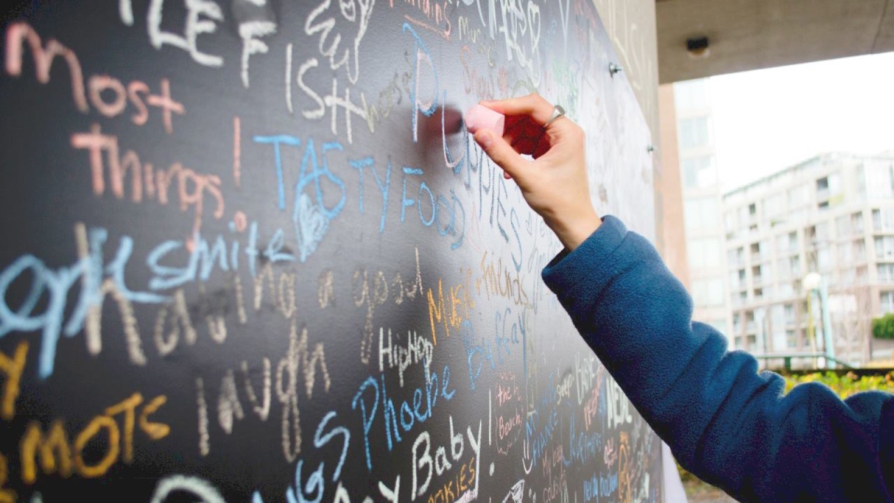 A hand writing on a chalk baord