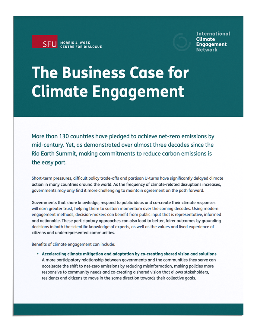 Mockup of the flyer front page, essential text: The Business Case for Climate Engagement