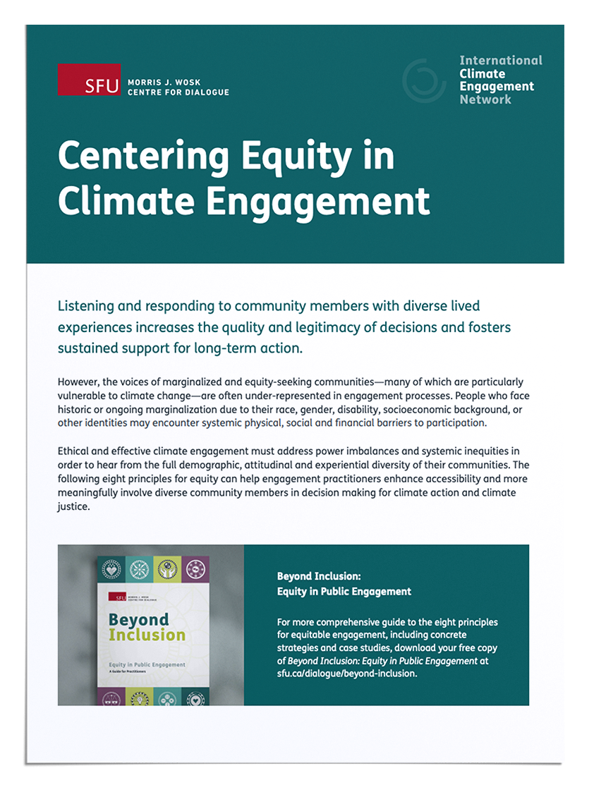 Cover of the flyer's first page, essential text: Centering Equity ini Climate Engagement