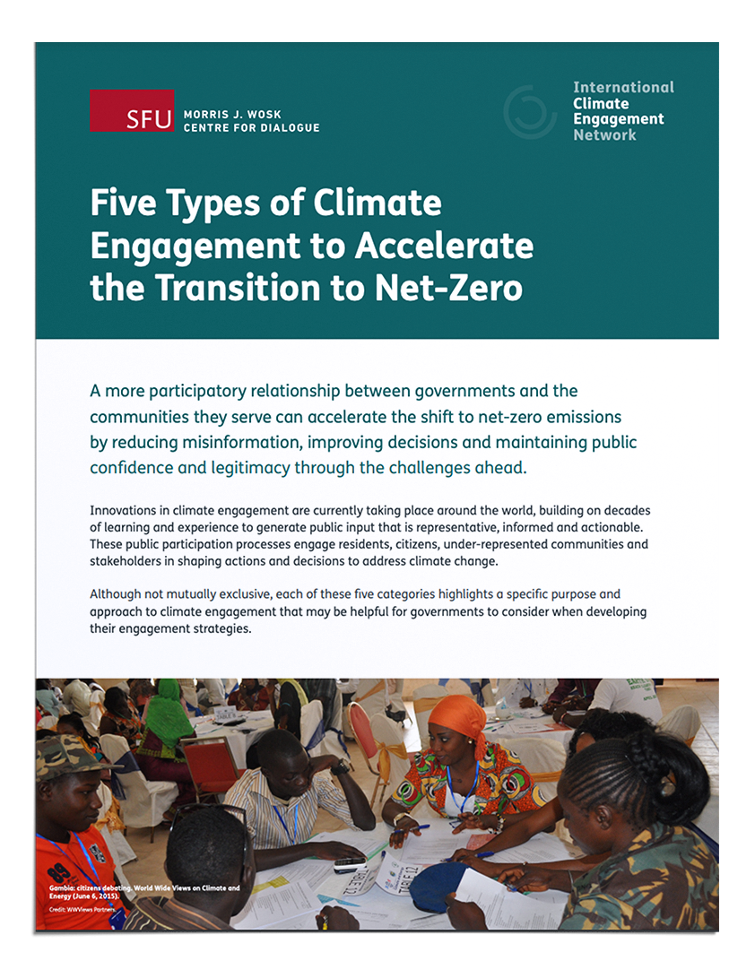 Mockup of flyer cover, essential text: Five Types of Climate Engagement