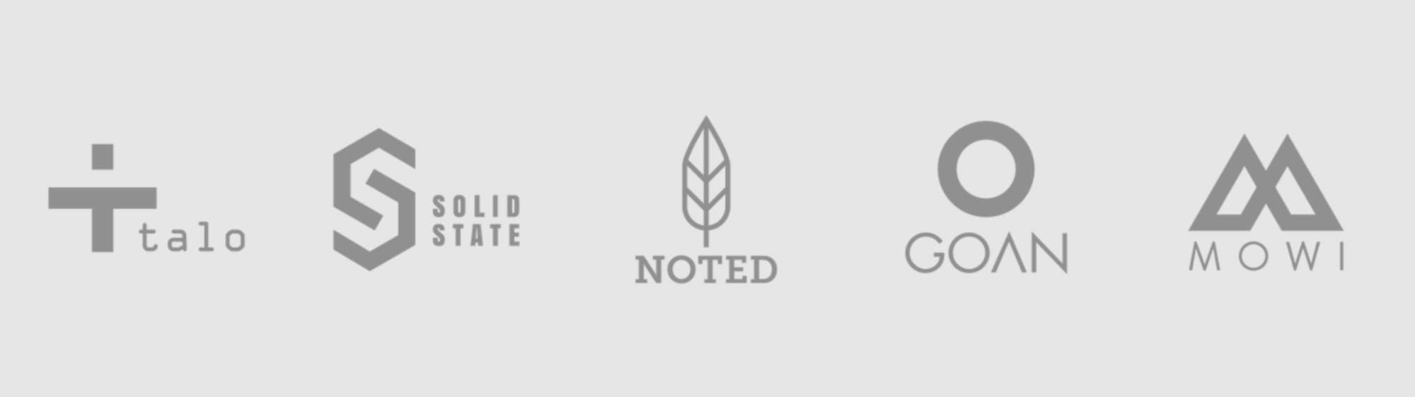 Five partner logos on a grey background: Talo, Solid State, Noted, GOAN, MOWI