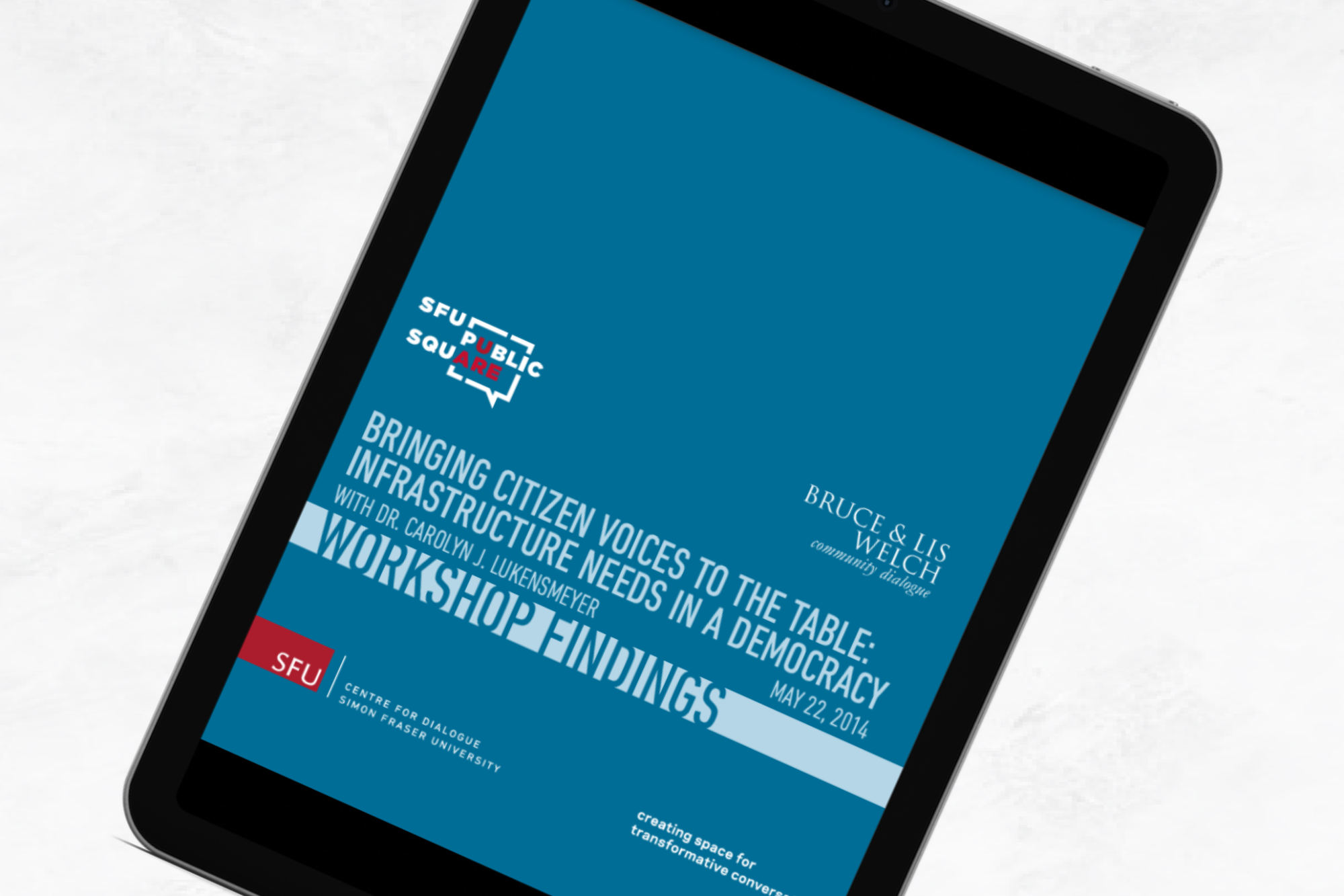 Mockup of the "Bringing Citizens Voices to the Table" report cover on a tablet screen