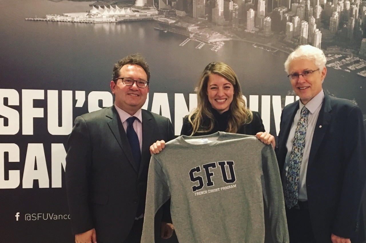 (from left to right): OFFA Director Gino LeBlanc, the Honourable Mélanie Joly, Minister of Tourism, Official Languages and La Francophonie and SFU President Andrew Petter.