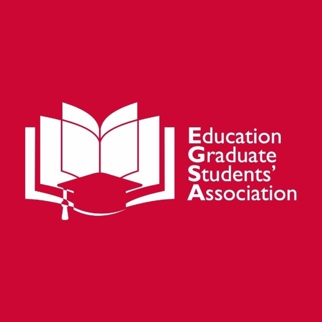 Logo of Education Graduate Student Association; a book on a red background
